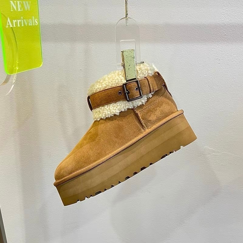 2025冬スタイル本毛皮ス厚底ベルトバックルスノーブーツ女性用ウールカジュアル高め暖かいスポンジケーキ