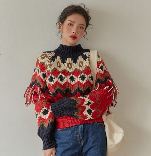 【送料無料】レディース エスニック タッセルプルオーバーラウンドネック ニットセーター
