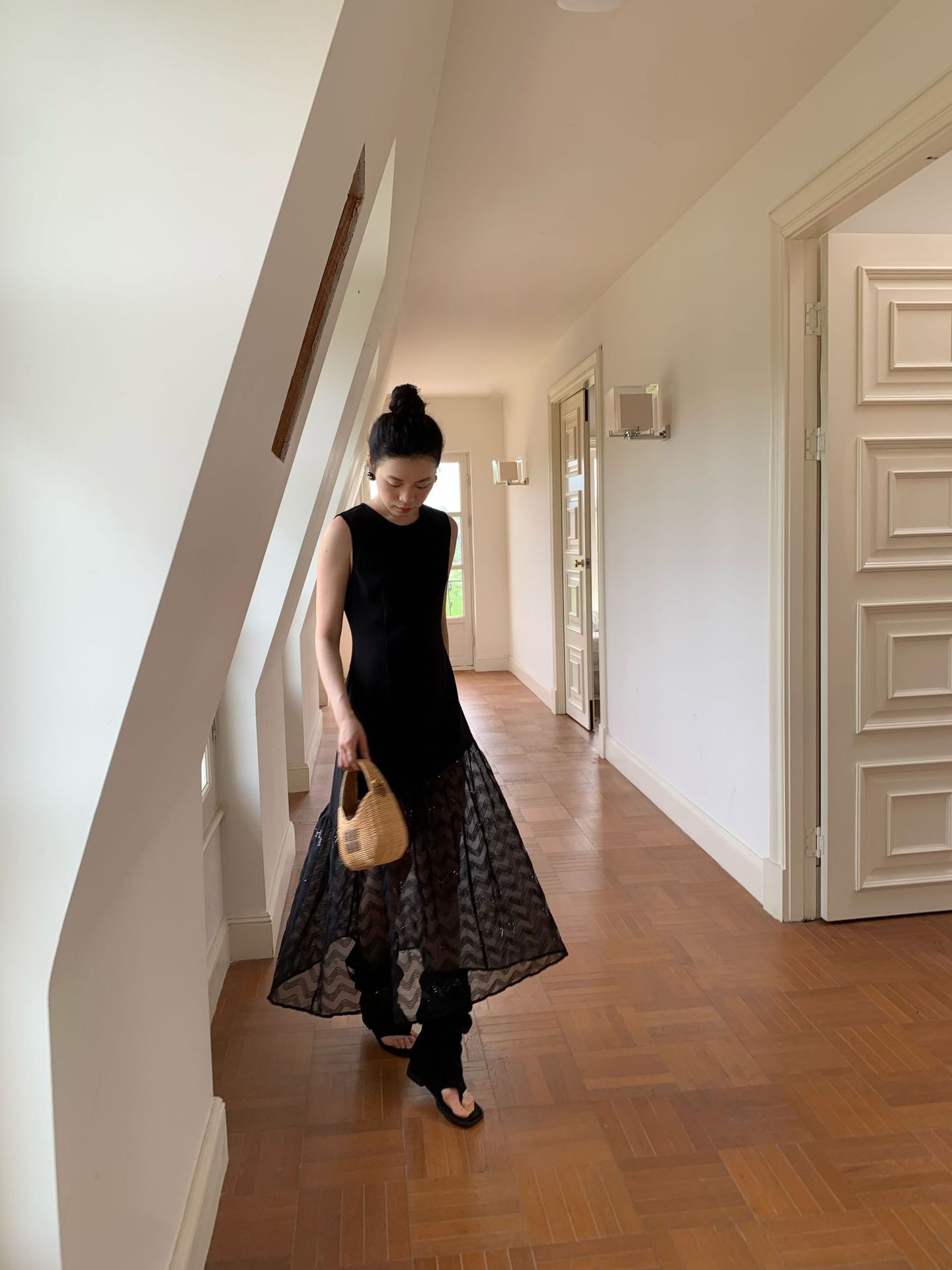 夏フレンチステッチレース裾デザインベストスカートノースリーブワンピースS5569