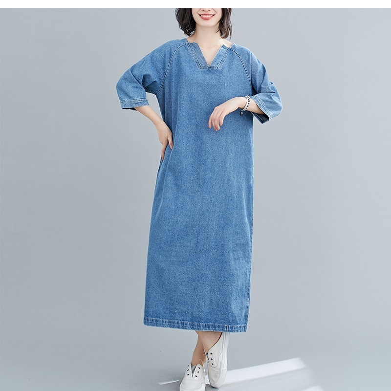 ワンピース デニム ワンピ スタイルアップ カジュアル ロング丈 袖あり 7分袖 七分袖 襟なし Vネック かわいい 大人可愛い 大人女子 きれいめ シンプル 大人 おしゃれ お洒落 かっこいい