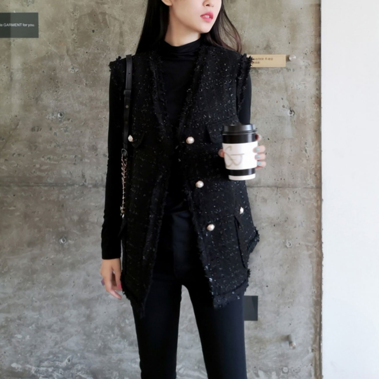 トップス レディース ジレ ベスト L XL 2XL 3XL 4XL 5XL 韓国 ツイード パール カットオフ シングルブレスト チェック柄 ノースリーブ 前開き ユニーク アンティーク調 羽織り