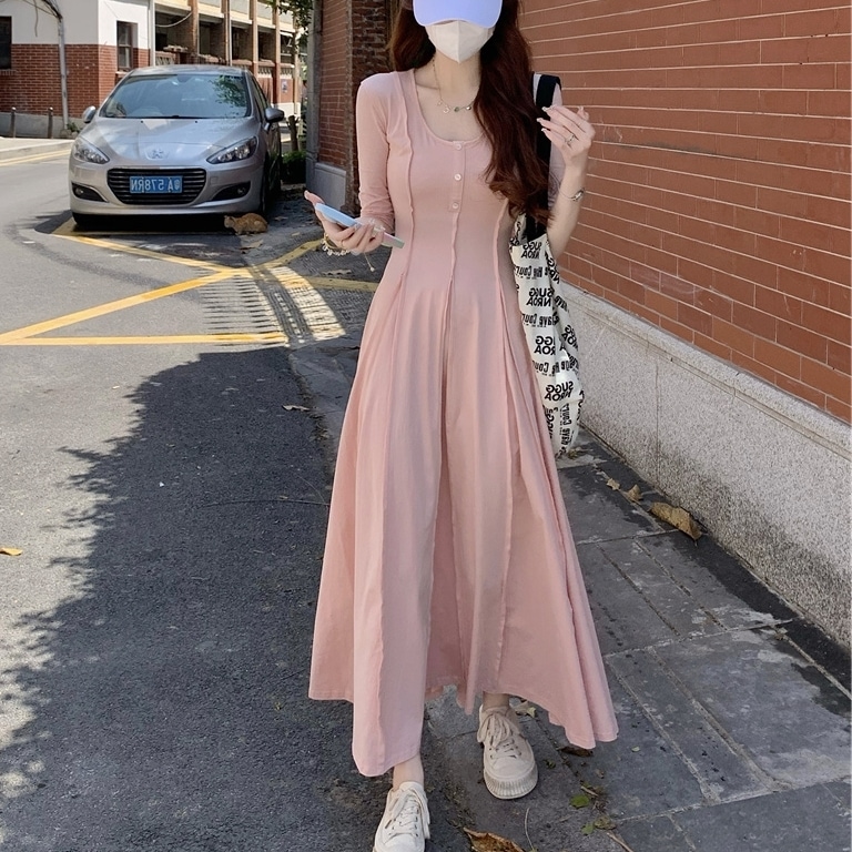 ワンピース レディース フレアワンピース S M L XL 韓国 ロングワンピース パイピング ロング丈 ラウンドネック ボタン ウエストマーク 裾フレア ボリューム袖 チェック柄 ギンガムチェック