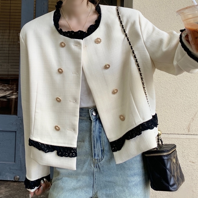 アウター レディース ジャケット ノーカラージャケット M L 韓国 長袖 ノーカラー レース フリル かわいい 大人可愛い きれいめ シンプル カジュアル 上品 エレガント 清楚 フェミニン お洒落