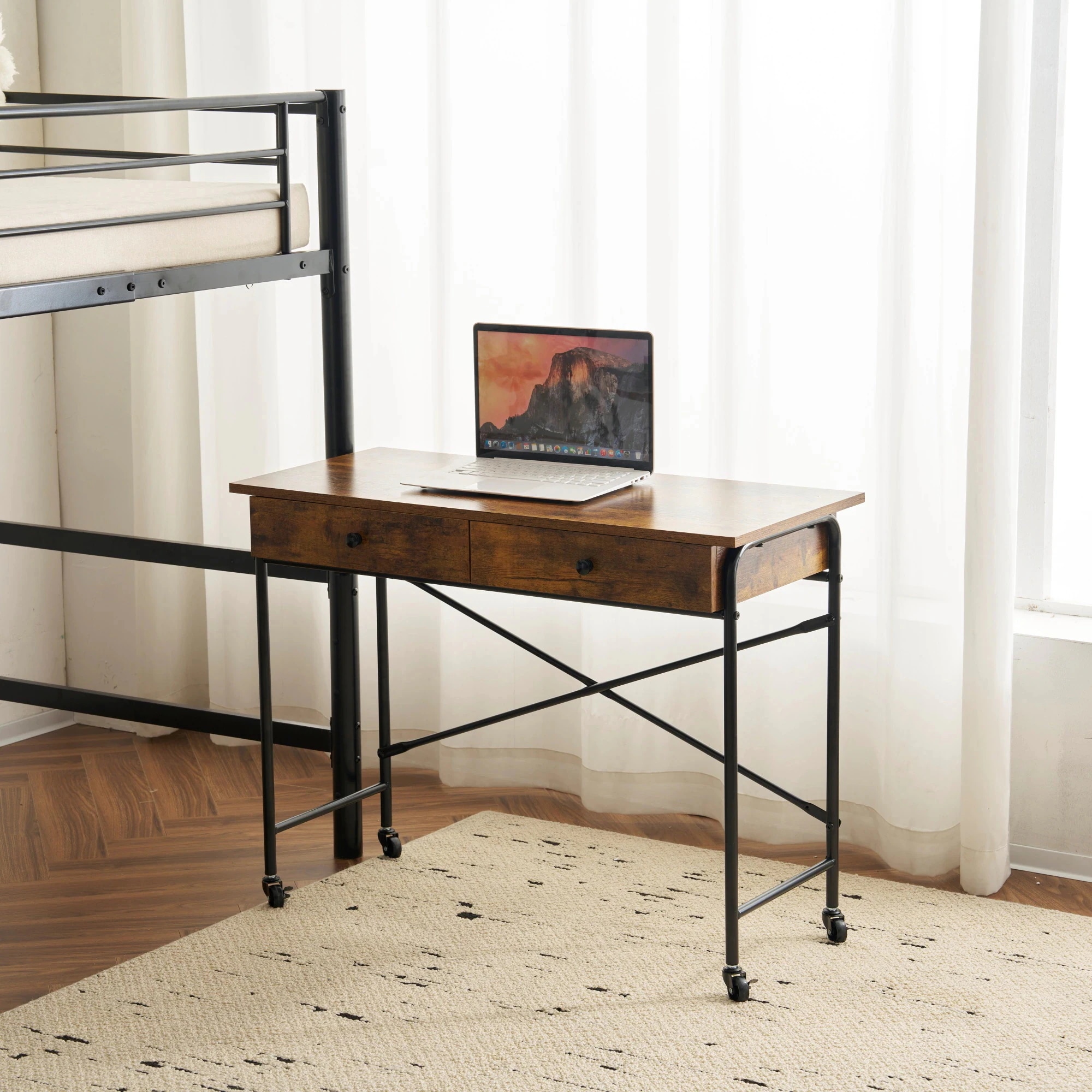 【国内発送】パソコンデスク 引き出し付き pcデスク 机 学習机 デスク 勉強机 収納 一人暮らし テーブル おしゃれGG7726 学習デスク Black+Br キャスター付き 書斎デスク コンパクト