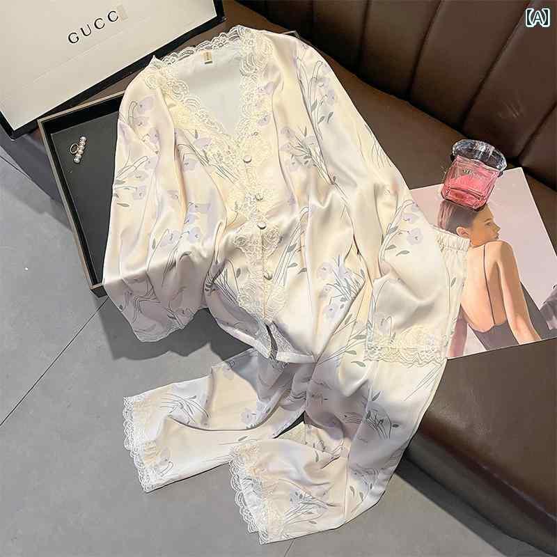 シルクパジャマ レディース レース 民族 風 春秋 長袖 スーツ 夏 高級 桑 絹 ホーム 服 薄手