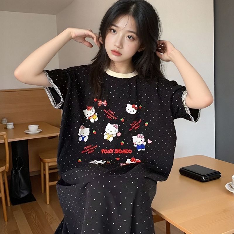 【極速出荷】キティ パジャマ レディース 可愛ワンピース韓国 新作 パジャマ サラサラ 生地が柔らかくて快適 部屋着半袖ロングスカート05