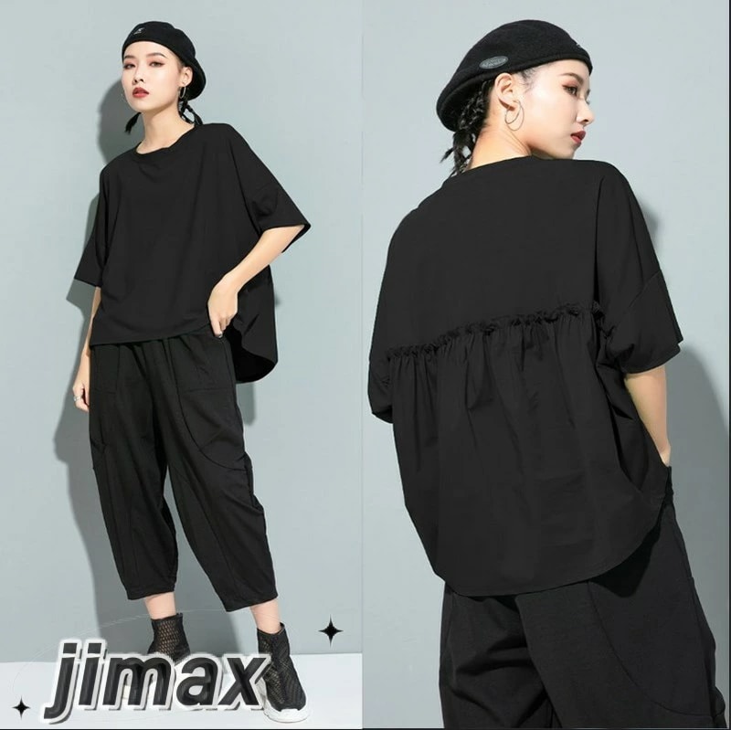 短納期 tシャツ 半袖 ブラウス レディース 春 夏 秋 欧米風 クルーネック 無地 ゆったり トップス カットソー プルオーバー バックフレア フリル ギャザー ゆったり おしゃれ 綿　Tシャツ