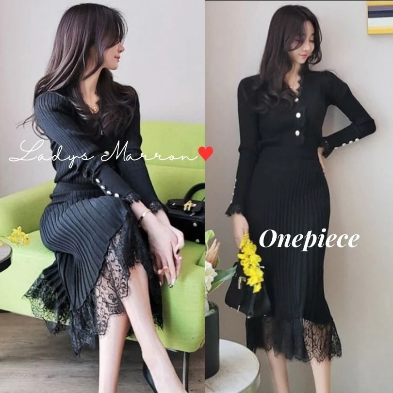 【急速出荷 2025年新作】ニットワンピース タイト セットアップ タイトニットワンピース 韓国 黒 マーメイド ニット ワンピ レース 切り替え リブニット 上品 上下セット 2点セット ツーピース