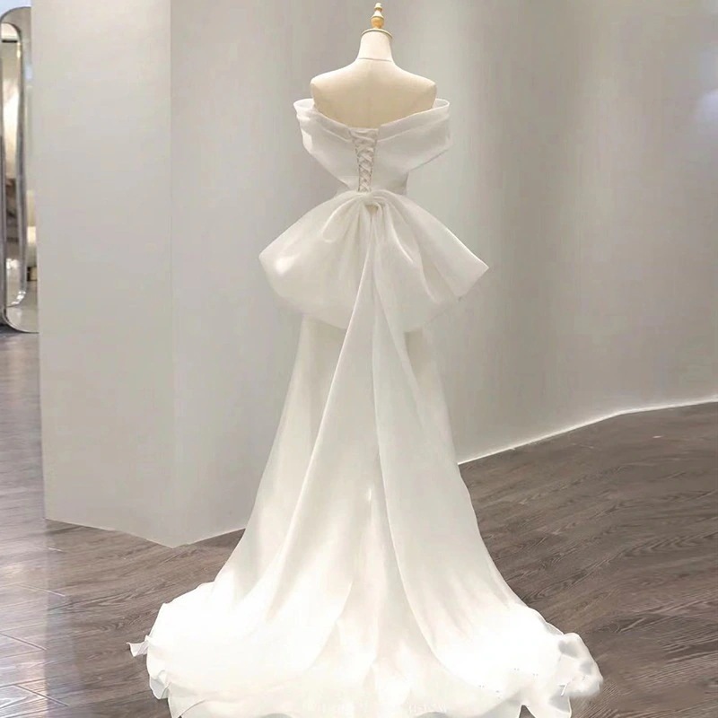 フレンチヴィンテージフィッシュテール ウェディングドレスレトロ気質ホワイト花嫁トレーンドレスワンピースロングボートネックサテン生地パ一ティ一ドレス二次会ドレス演奏会ドレス演奏会ドレス