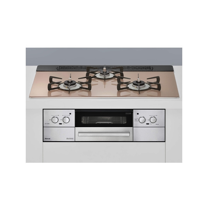 ビルトインコンロ リッセ 3口コンロ ガラストップ スモーキーピンク 水無し両面焼き 幅75cm 都市ガス RHX71W32L22RAW-13A
