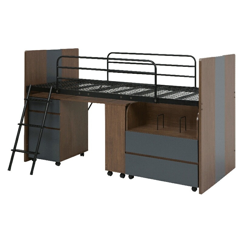 システムベッド（ブラウン）　RB-1620S-BRテーブル　ワゴンの付いたシステムベッド　ベッド下の有効活用と子供の収納スペースを確保します