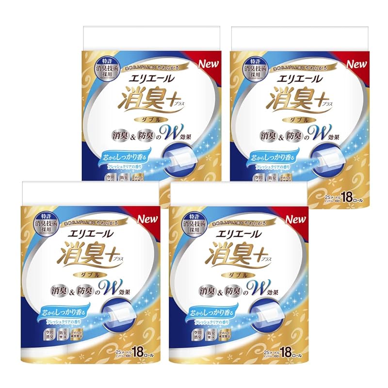 エリエール トイレットペーパー 消臭プラス(＋) 25m×72ロール (18ロール×4パック) ダブル パルプ100% 芯からしっかり香るフレッシュクリアの香り【ケース販売】