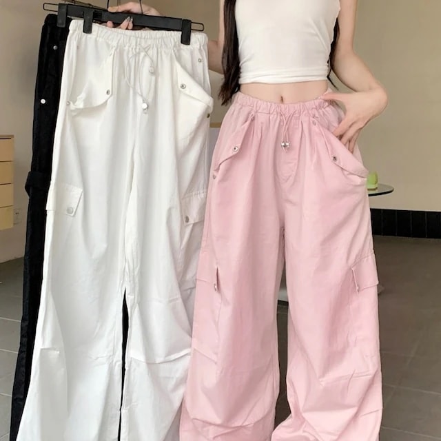 2024春夏パンツ カーゴパンツ ロング丈 ワイド ストレート ハイウエスト 美脚効果 脚長効果 細見え 夏 白 黒 おしゃれ かわいい 韓国ファッション レディース お出かけ