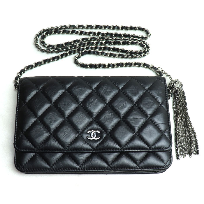 CHANEL シャネル マトラッセ ヴィンテージカーフ チェーンウォレット ショルダーバッグ ブラック レディース 中古 美品