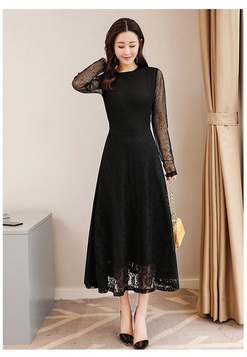 A1105.シースルーレースフレアワンピース（ブラック）2019 春夏 sale ドレス エレガント お呼ばれ 結婚式 披露宴 パーティー 女子会 レストラン デート