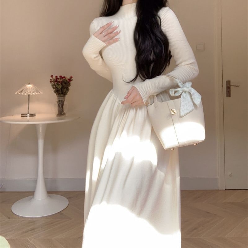 【1つ買うと10つ無料】ハーフハイカラーウエストと薄いニットドレス2025秋と冬の韓国語バージョンのスプライシングハイレベルのボトムスカートはワイルド 46,794円