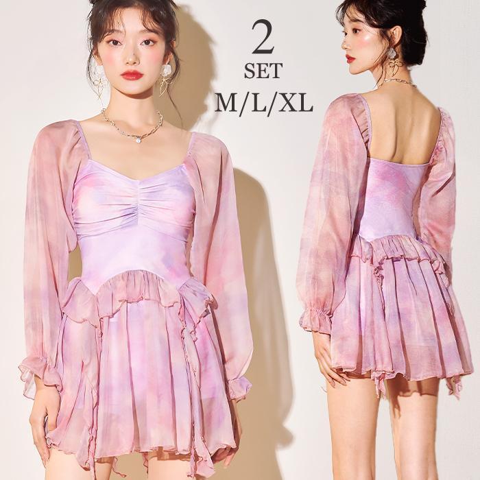 高級タイプの水着 水着 夏 レディース ワンピース 春 体型カバー タイダイ フリル ワンピース 春水着 M L 2L 20代 30代 可愛い シアー水着