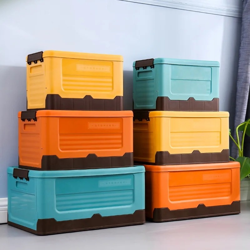 ふた付き折りたたみ式プラスチック収納ボックス,大容量,屋外キャンプ,車,雑貨,家庭用品,折りたたみ式収納ボックス