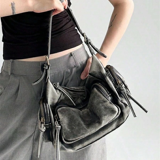 Miou Girl アメリカンヴィンテージディストレスデザインソフトレザーショルダー&クロスボディバッグマルチポケット モーターサイクルバッグコンバーチブルパース