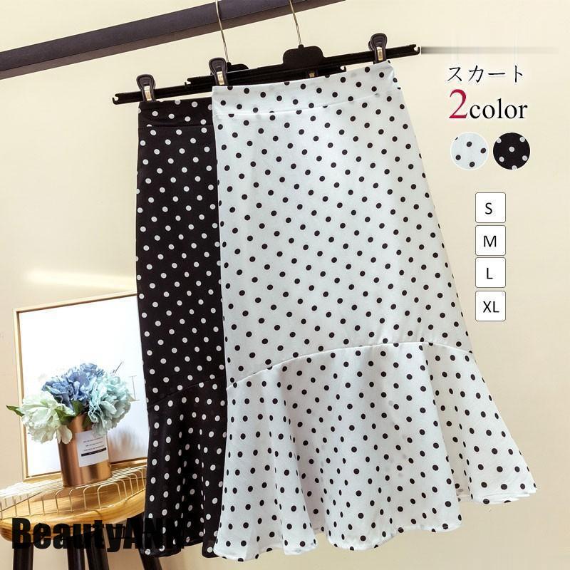 新生活 スカート ロングスカート ひざ丈 ドット柄 膝丈 ミモレ 水玉 レディース フレア ウエストゴム 薄手 レトロ ボトムス 大人 通学 夏 秋 20代 プレゼント ギフト