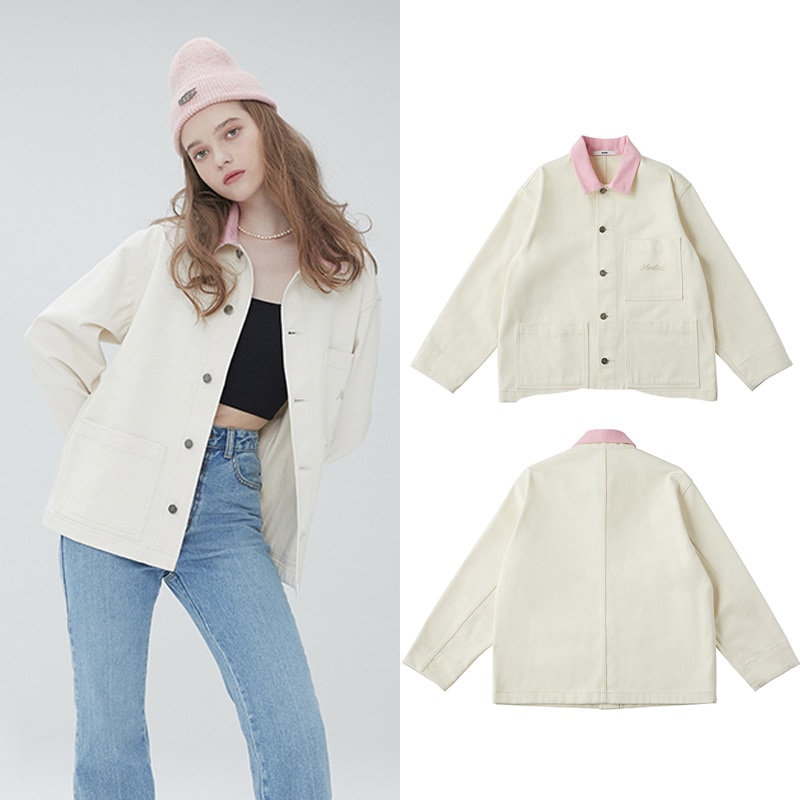 [AIKI / IVE イソ着用] カラーブロック デニム ジャケット(アイボリー) 韓国ファッション 韓国人気ブランド