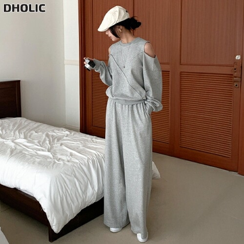 ラウンドネックウエストゴムルーズオープンショルダー長袖ワイド無地ツーピース(トップスボトムス)パンツTシャツ・1954278