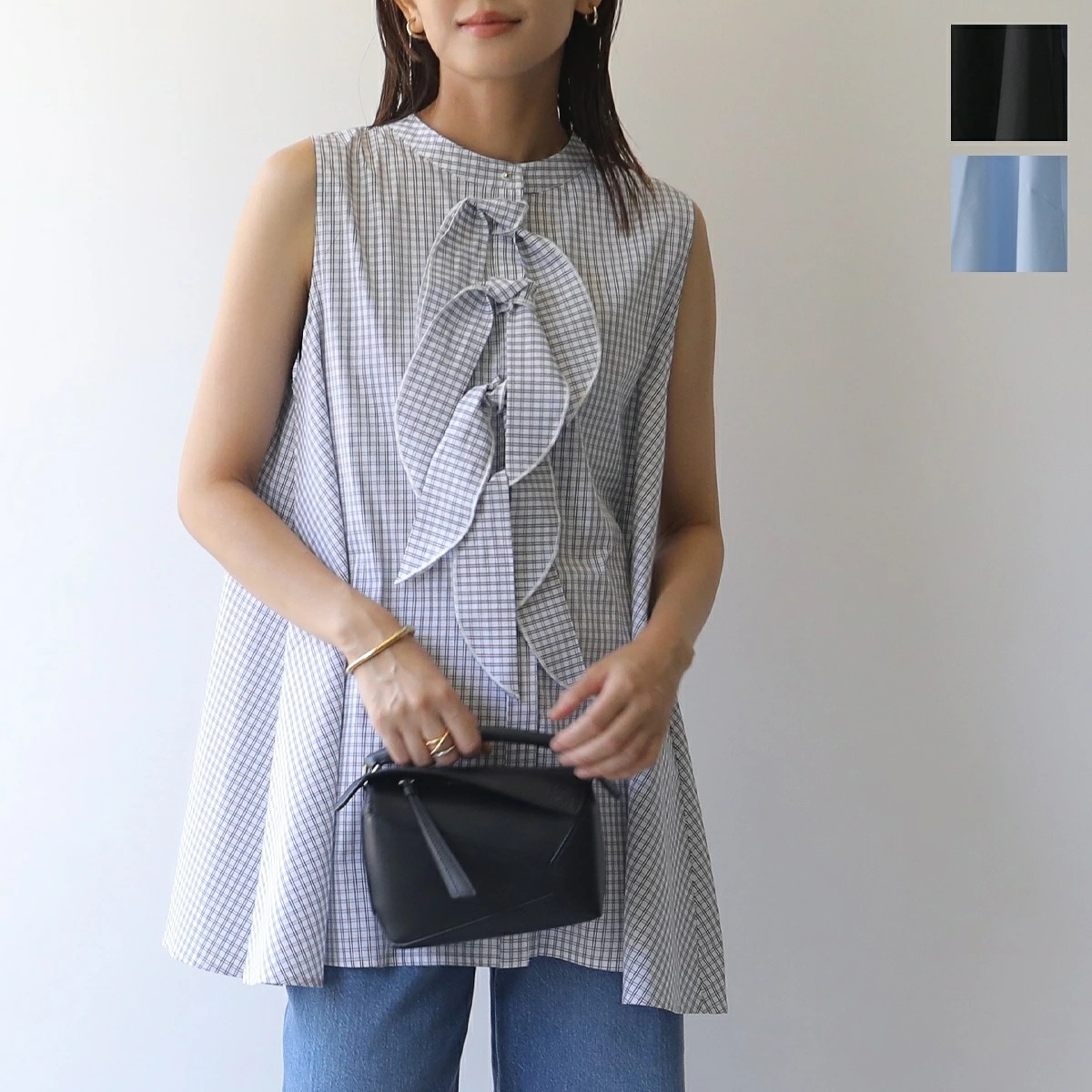 TORRAZZO DONNA トラッゾドンナ ブラウス Ribbon A-line shirt 6260-419 レディース リボン Aライン ノースリーブ シャツ チェック柄 カラー3色 11,803円