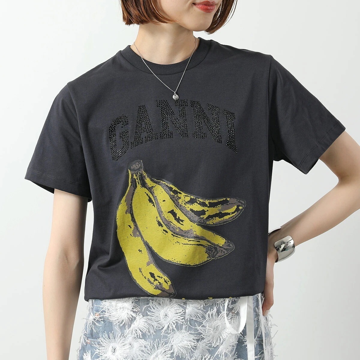 GANNI ガニー 半袖 Tシャツ Basic Cotton Jersey Banana Relaxed T-shirt T4238 レディース ロゴT カットソー コットン クルーネック 252/P