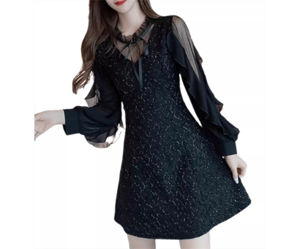 レディース ドレス ブラックドレス ショート 長袖 Vネック スリム 細身 Aライン フリル リボン ハイウエスト 透け感 かわいい 大人可愛い きれいめ カジュアル 上品 おしゃれ レトロ ガーリー