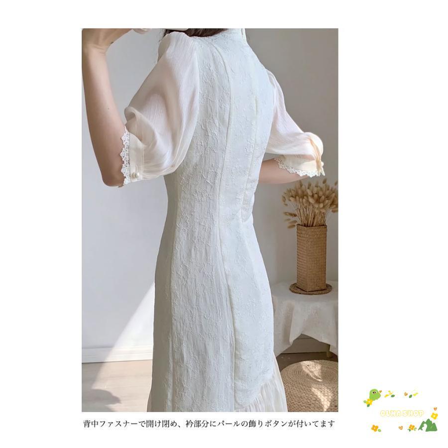 ワンピース 5分丈袖 レディース チャイナドレス パフスリーブ 5分丈袖ワンピース レトロ ミモレ丈 夏 ジャガードワンピース