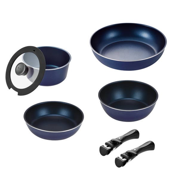 フライパンセット 調理器具7点セット フライパン20cm＆26cm 炒め鍋20cm 片手鍋18cm ガラス蓋 外せるハンドル2個 ガス火 IH対応 ネイビー