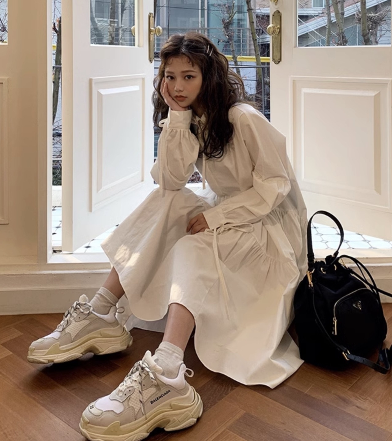 ワンピース シャツワンピース フレアワンピース ロング ロング丈 袖あり 長袖 ボリューム袖 ドルマンスリーブ パフスリーブ 襟付き フレア Aライン ウエストマーク ハイウエスト プルオーバー