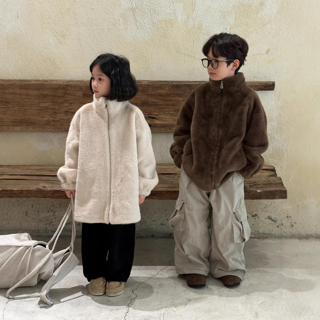 2024冬韓国風無地毛皮ワンピースコート男の子と女の子用子供用厚みのあるジッパー模造ミンクコート