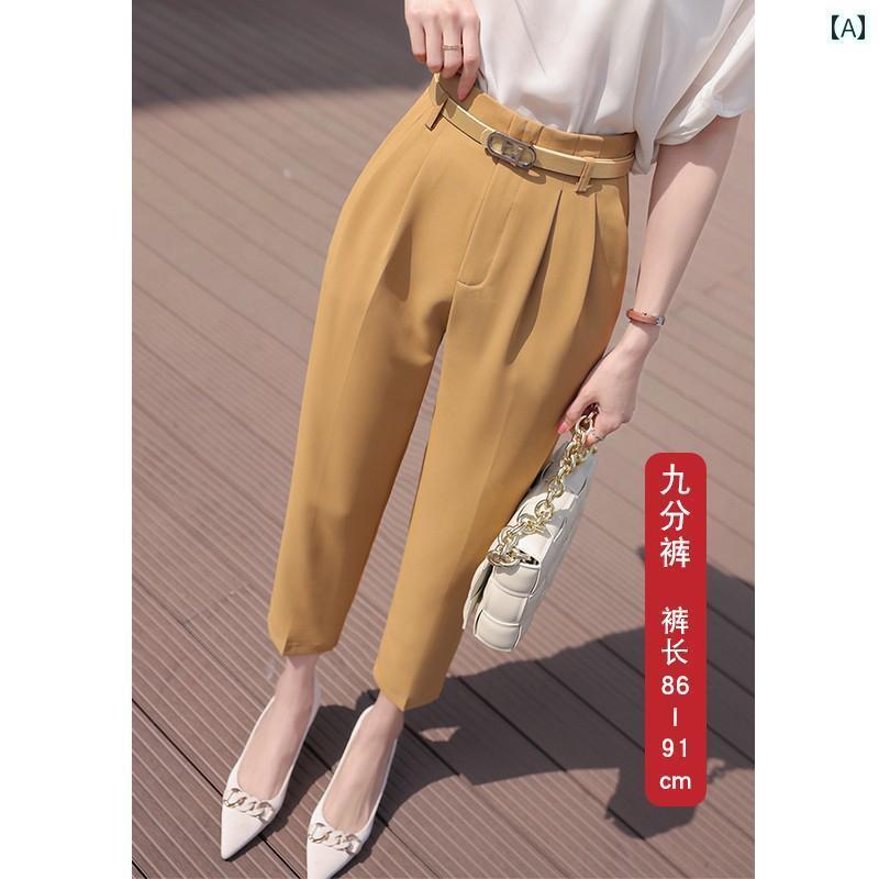 スラックス レディース 夏 薄手 クロップドパンツ ストレート センタープレス タック ポケット ハイウエスト スリム カジュアル オフィス シンプル カーキ 黒 大きめサイズ