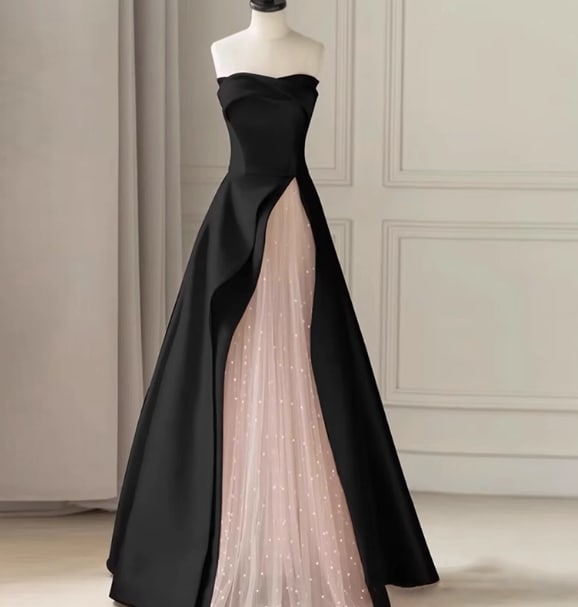 パーティードレス ブラック ピンク キラキラチュール フロントスリット Aライン 演奏会/音楽会
