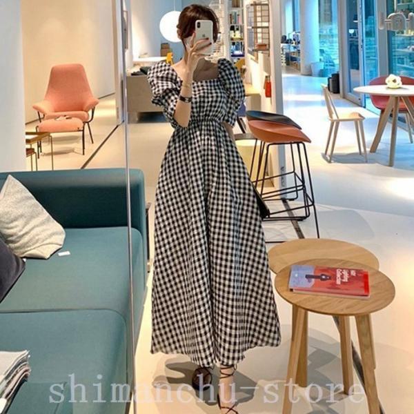 ギンガムチェックワンピース半袖ロングレディースファッション大きいサイズパフスリーブランタンスリーブウエストマークハイウエスト脚長メリハリ
