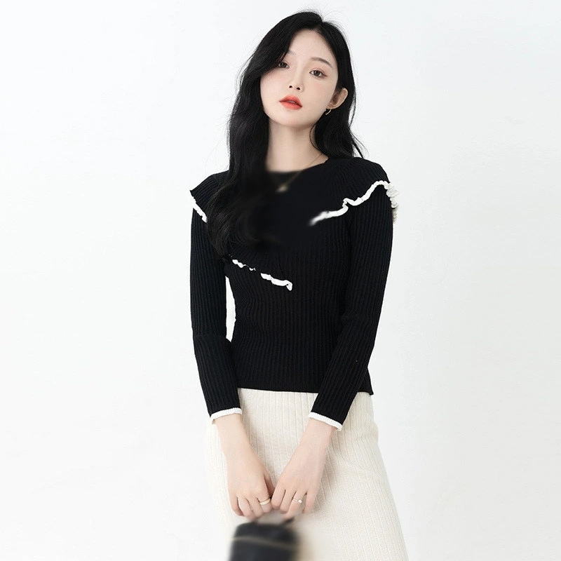 セーター ニット レディース リブ トップス 丸ネック ストレッチ カットソー シンプル 長袖 無地 春秋冬 カジュアル 肌に優しい 暖かい 着せ オフィス 大人 お出かけ フィット フリル い ニッ