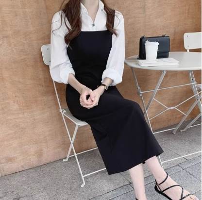 2点セット レディース シャツ ジャンパースカート 膝下 長袖 襟付き 細身 バックスリット