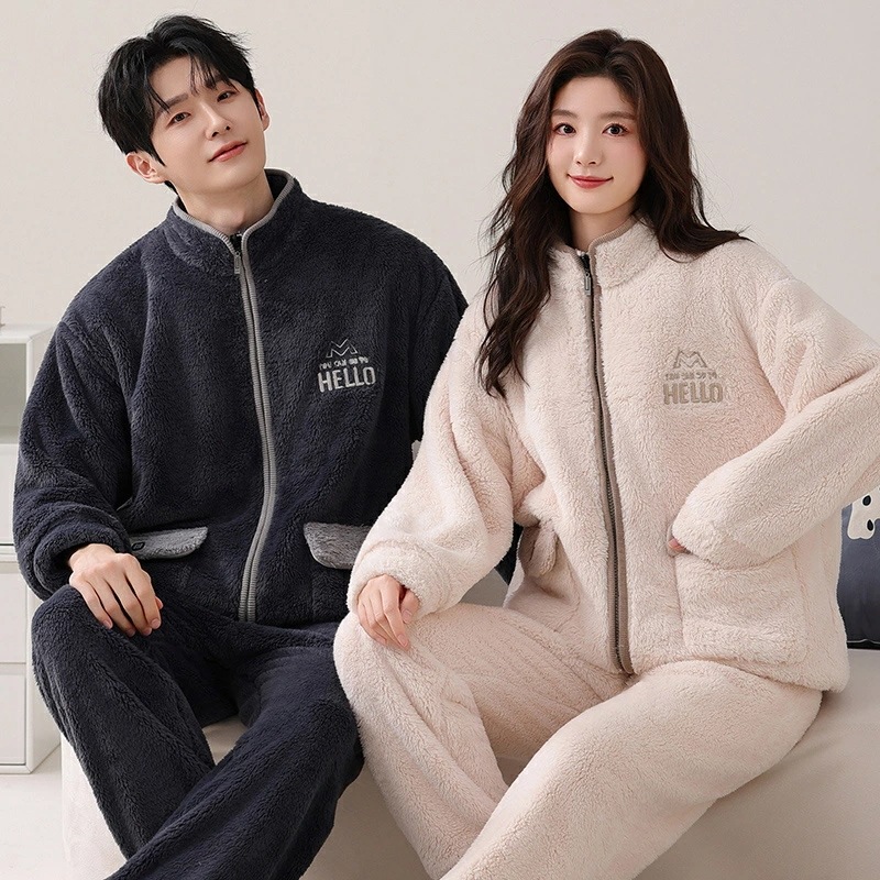 赤字開催 ペアパジャマ もこもこ 冬 男女2着 セット 厚手 防寒 セットアップ カップル パジャマ ルームウェア フランネル スタンド襟 ゆったり 柔らかい おしゃれ ペア 長袖 前開き レディース