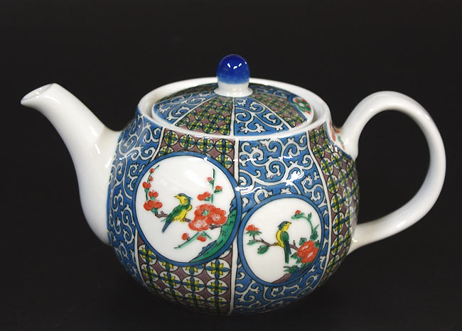 九谷焼　ポット急須 古九谷風丸紋（茶こし付400ｃｃ） SK-173　青郊窯