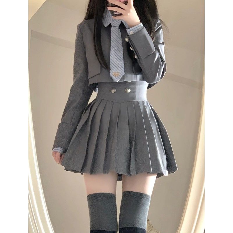 涼しく楽ちんセットアップレディースjk制服学院風乙女長袖シャツショート丈ブレザーハイウエストプリーツスカート3点セット韓国ファッション