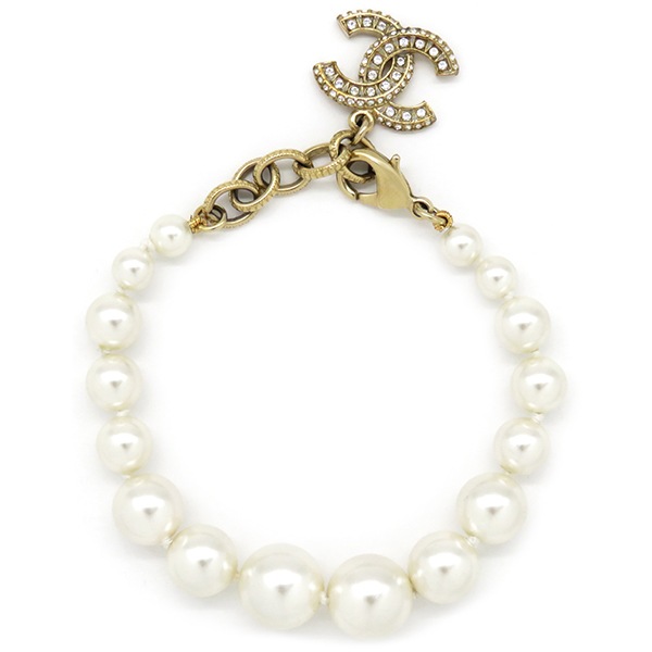 シャネル CHANEL ブレスレット ココマーク パール GP フェイクパール ラインストーン ゴールド×ホワイト 【箱】【中古】