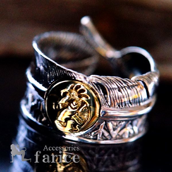 イーグルフェザー(鷲の羽)ラウンド型デザイン ココペリ(精霊)ゴールドカラープレート装飾 インディアンジュエリー シルバー925 メンズ リング 6,160円