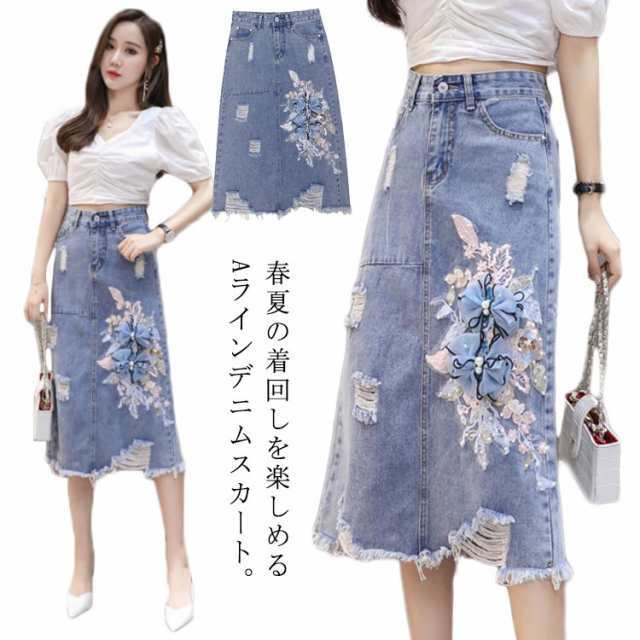 立体花柄 刺繍デニムスカート フラワー 花柄 刺繍 デニムスカート 切りっぱなし クラッシュ加工 デニム スカート カジュアル 可愛い aライン 春夏