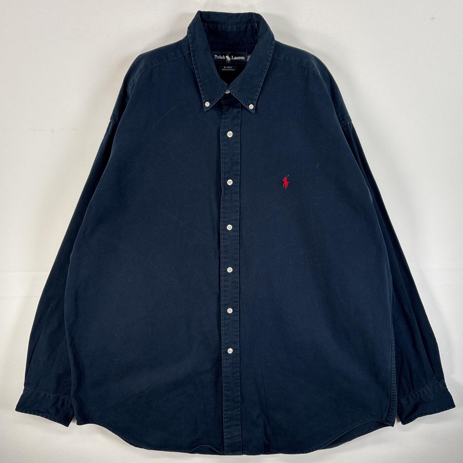 古着 90s/90年代 長袖シャツ ボタンダウンシャツ ワンポイント ロゴ 刺繍 厚手 XL ネイビー 無地 メンズ