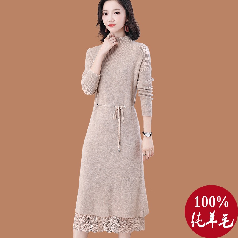 セーターの女性100純ウールニットワンピースの女性半高襟のレースのストラップ春秋服の長いスカート
