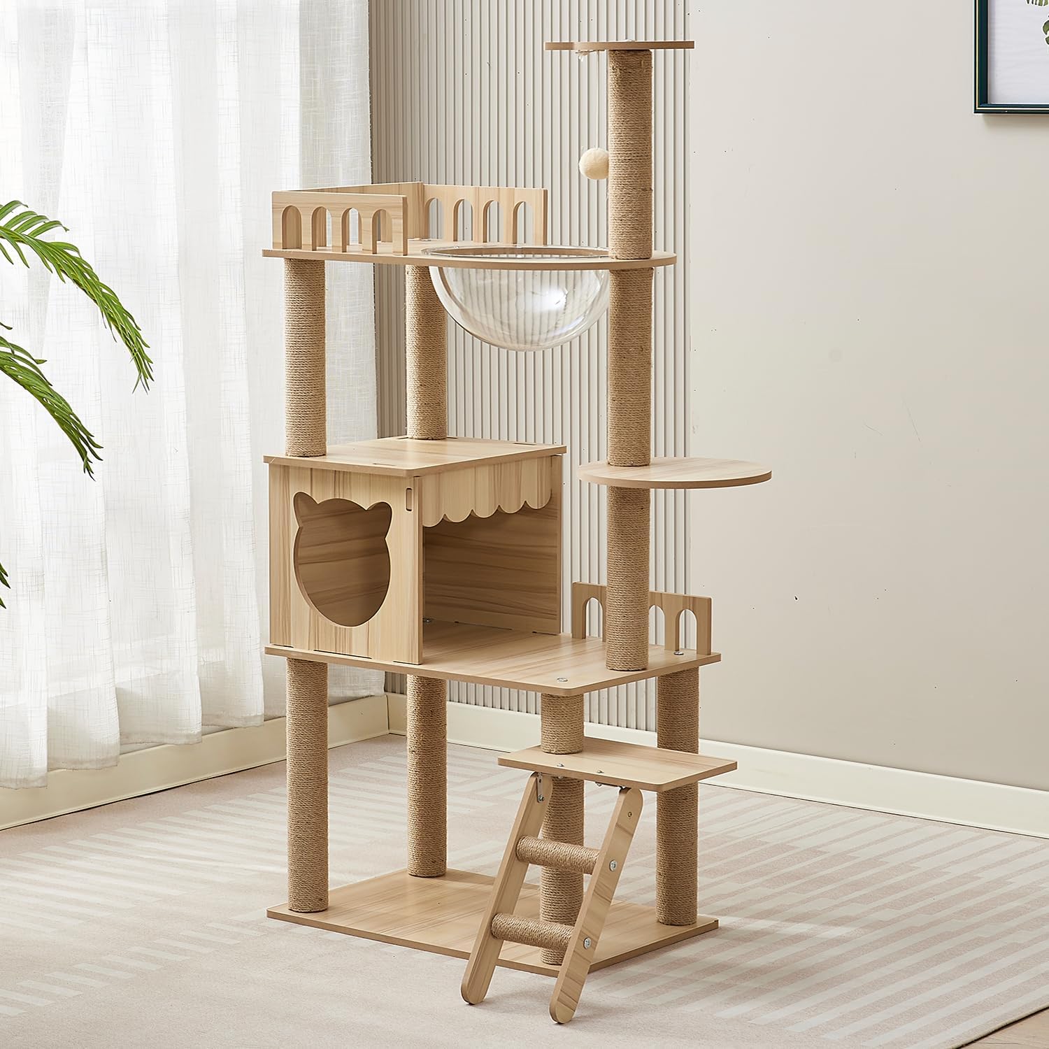 Yinanroa キャットタワー - スリムデザイン 大型猫用 老猫や肥満猫子猫向けキャットハウス 宇宙船型透明ボウル 多頭飼い 対応 組み立て簡単 安定性 多段階のステップ 省スペース 天然麻紐の