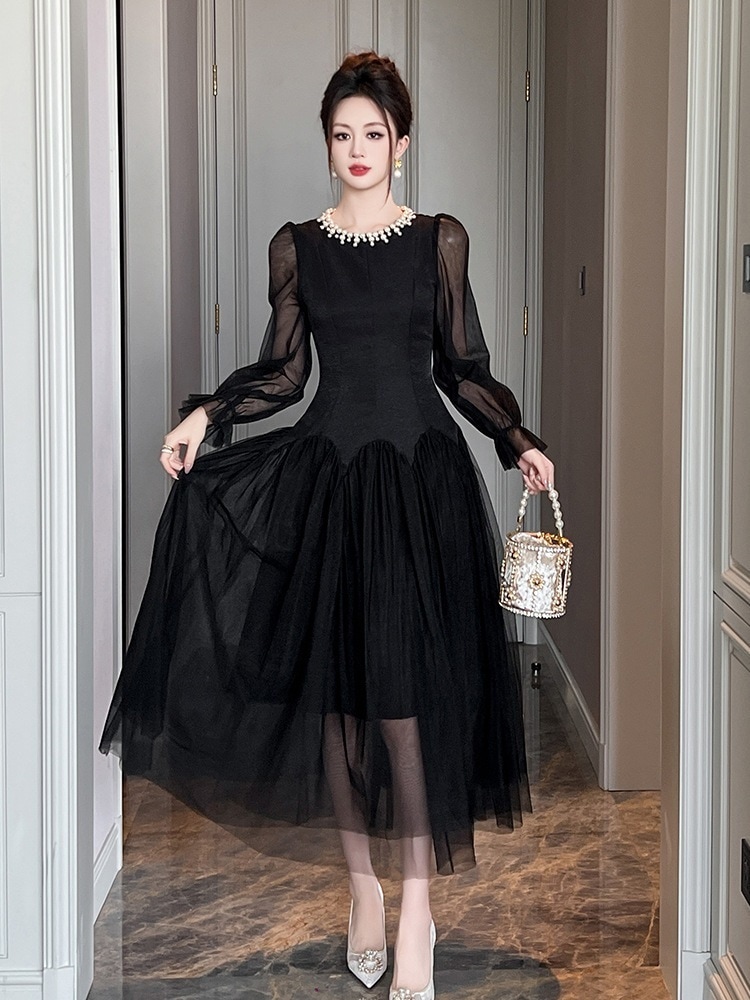 【JY.上品】 2025秋冬新品 チュールドッキング 綺麗 黒 ドレス パーティー キャバ 大人 同窓会 披露宴 卒業式 結婚式 演奏会 ウェディング 二次会 メガ割