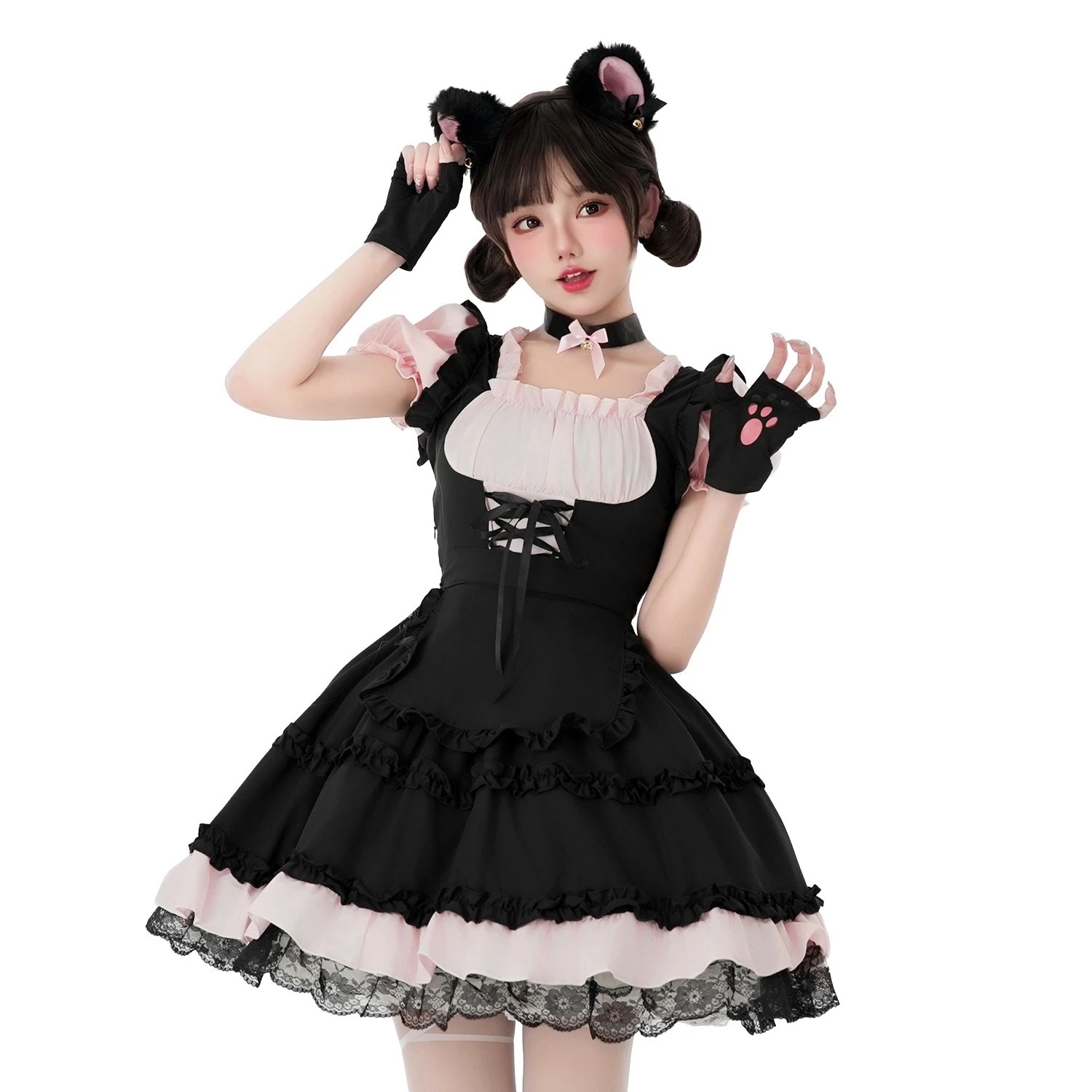 猫女性黒い白いメイド服装日系アニメコスプレローリー王女メイド制服cosはワンピースを演じます