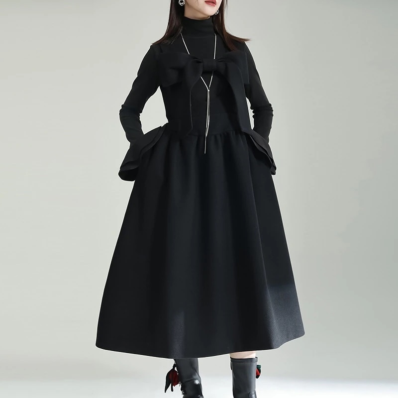 秋冬 ハイウエスト ドッキング ワンピース ニットワンピース 大きいサイズ 体型カバー 長袖 ロングワンピース